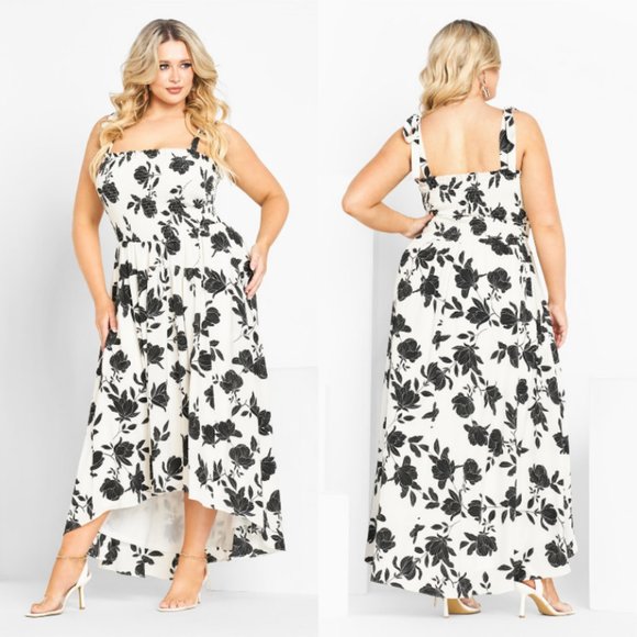 NWT City Chic Dalary Black & White Floral Smocked Maxi Dress 16 - Picture 1 of 11